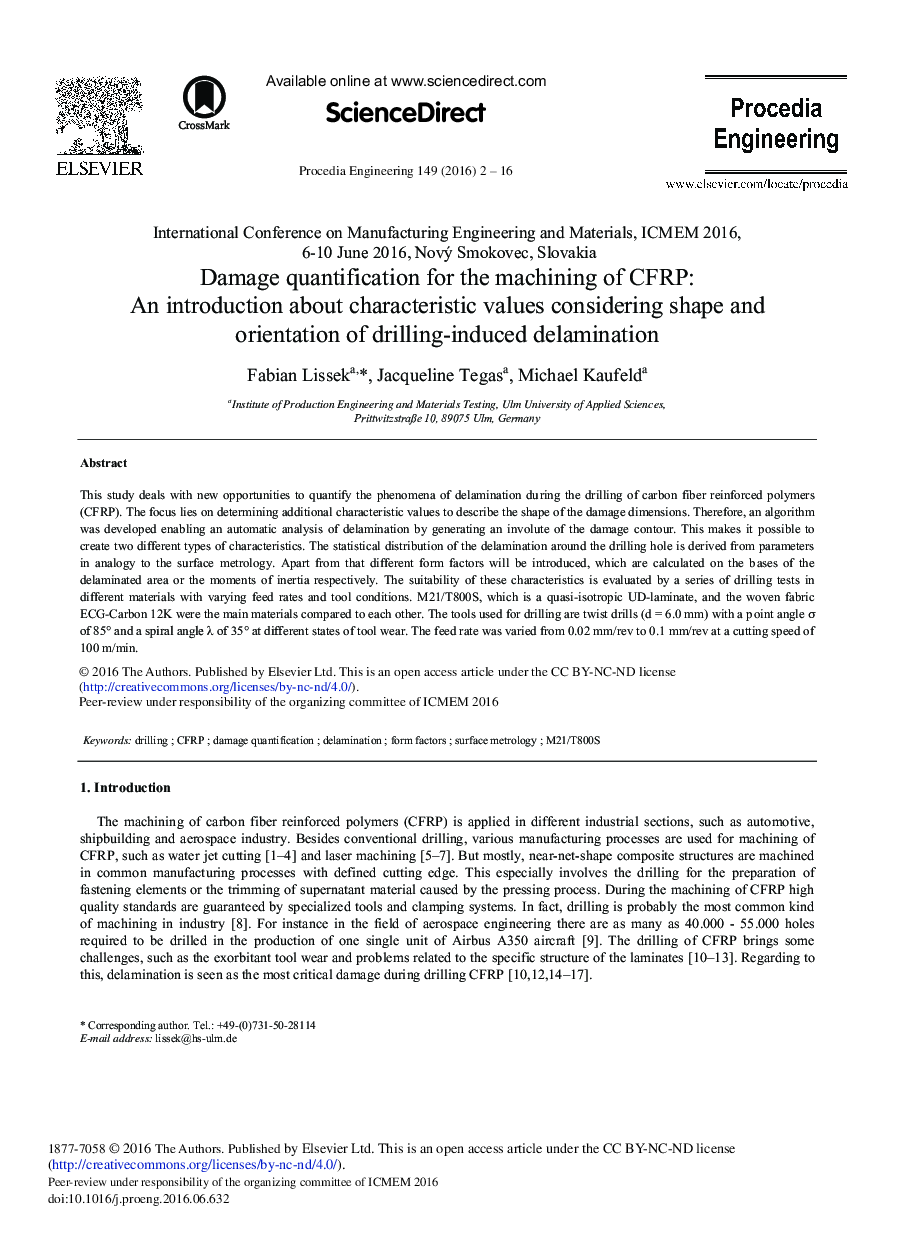 Damage Quantification for the Machining of CFRP: An Introduction about Characteristic Values Considering Shape and Orientation of Drilling-induced Delamination 