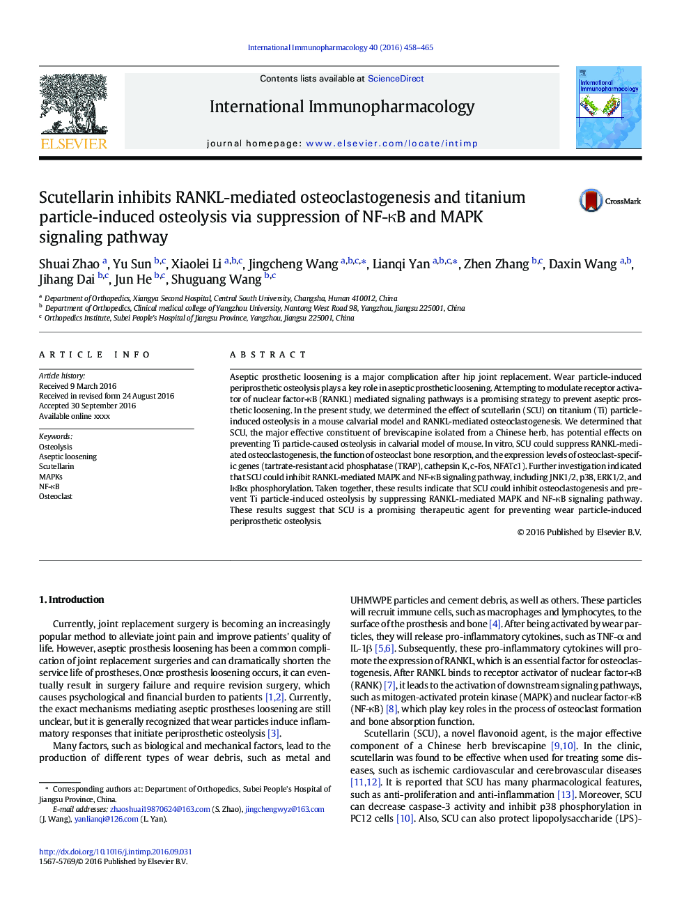 Scutellarin inhibits RANKL-mediated osteoclastogenesis and titanium particle-induced osteolysis via suppression of NF-ÎºB and MAPK signaling pathway