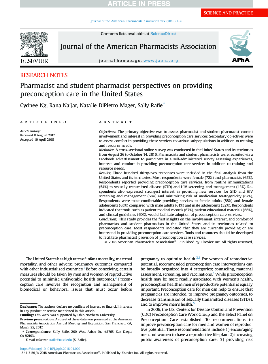 Pharmacist and student pharmacist perspectives on providing preconception care in the United States
