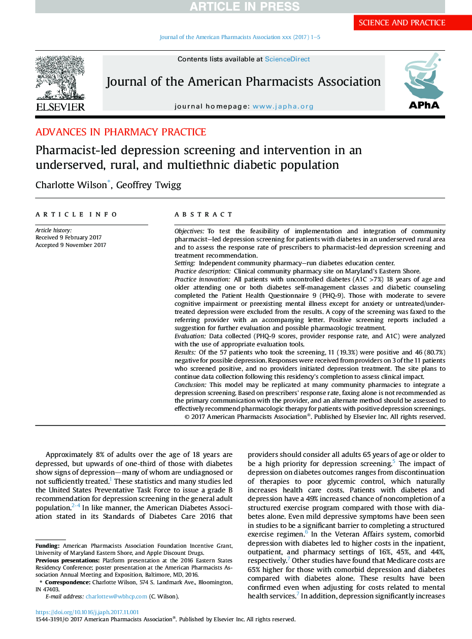 Pharmacist-led depression screening and intervention in an underserved, rural, and multi-ethnic diabetic population