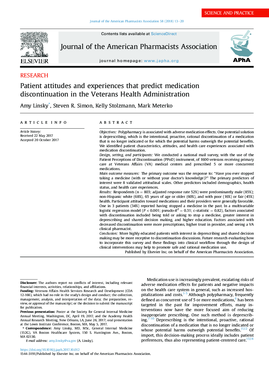 Patient attitudes and experiences that predict medication discontinuation in the Veterans Health Administration