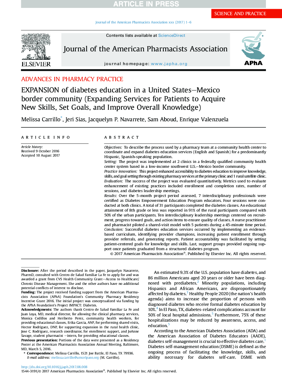 EXPANSION of diabetes education in a United States-Mexico border community (Expanding Services for Patients to Acquire New Skills, Set Goals, and Improve Overall Knowledge)