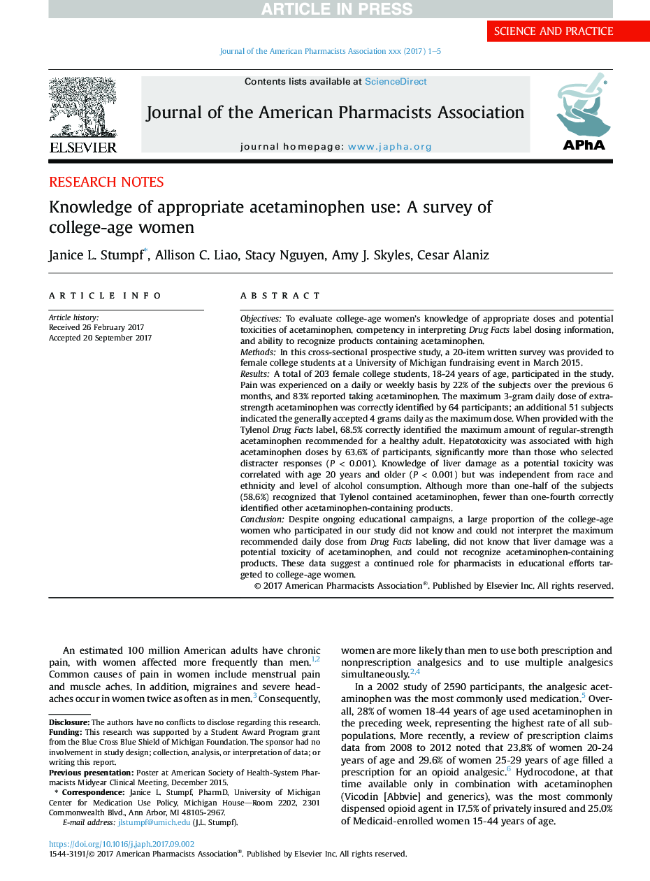 Knowledge of appropriate acetaminophen use: A survey of college-age women