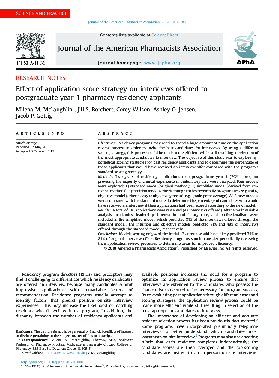 Effect of application score strategy on interviews offered to postgraduate year 1 pharmacy residency applicants