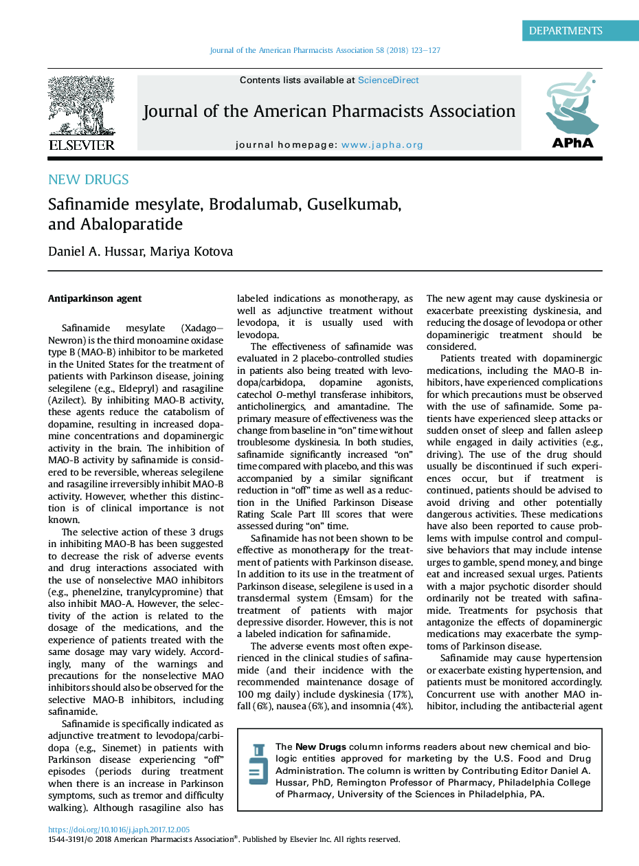 Safinamide mesylate, Brodalumab, Guselkumab, and Abaloparatide