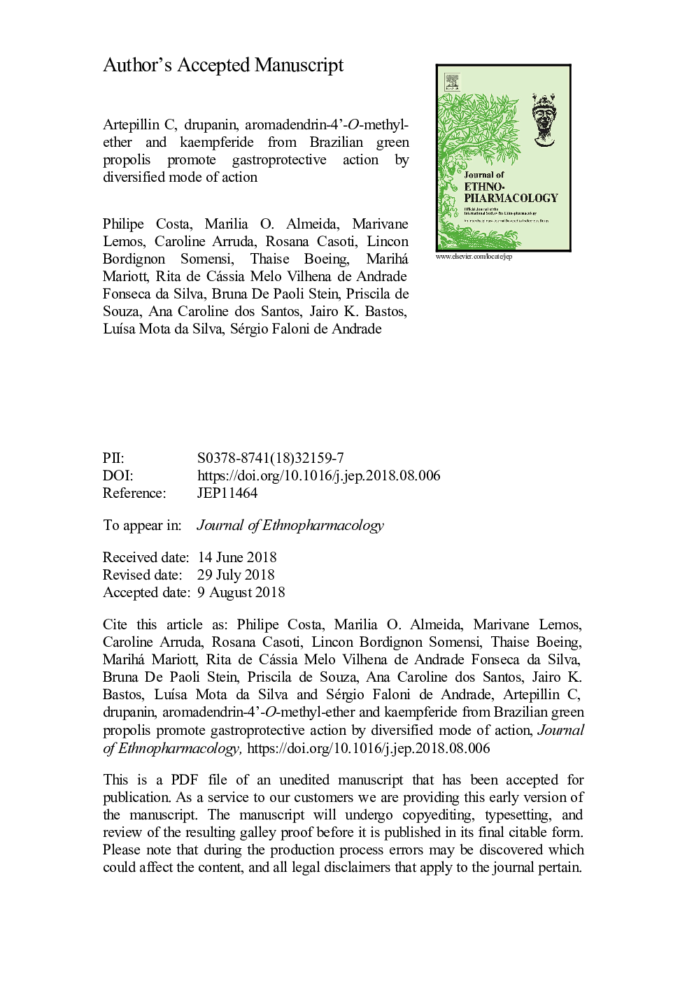Artepillin C, drupanin, aromadendrin-4â²-O-methyl-ether and kaempferide from Brazilian green propolis promote gastroprotective action by diversified mode of action