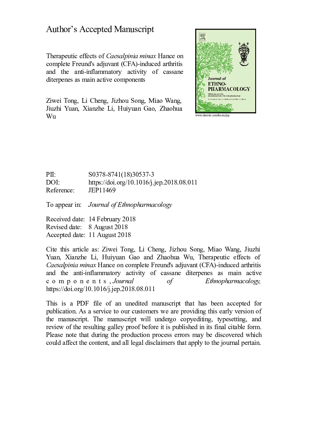 Therapeutic effects of Caesalpinia minax Hance on complete Freund's adjuvant (CFA)-induced arthritis and the anti-inflammatory activity of cassane diterpenes as main active components