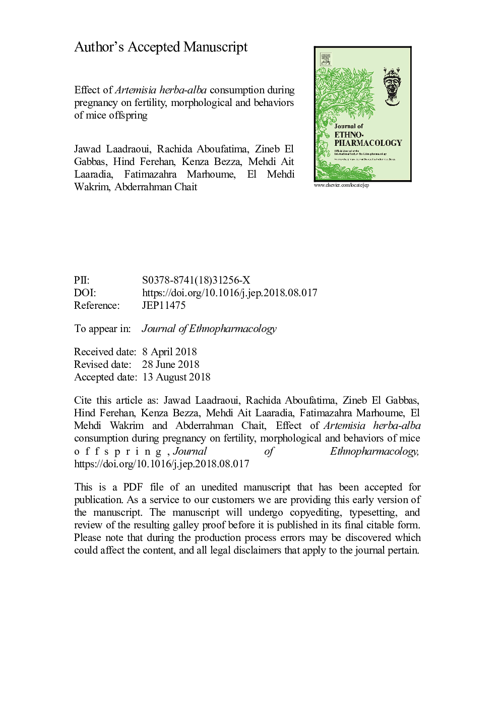 Effect of Artemisia herba-alba consumption during pregnancy on fertility, morphological and behaviors of mice offspring