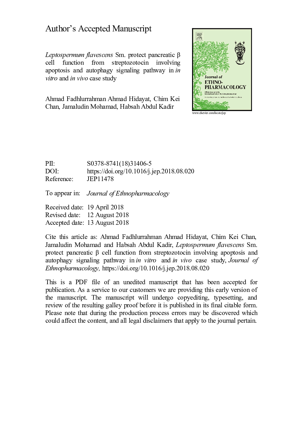 Leptospermum flavescens Sm. protect pancreatic Î² cell function from streptozotocin involving apoptosis and autophagy signaling pathway in in vitro and in vivo case study