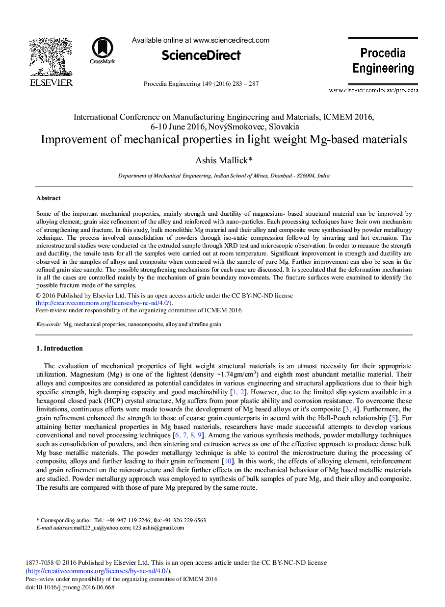 Improvement of Mechanical Properties in Light Weight Mg-based Materials 