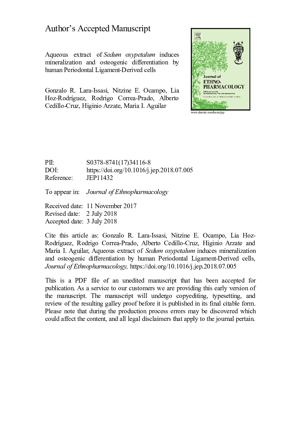 Aqueous extract of Sedum oxypetalum induces mineralization and osteogenic differentiation by human Periodontal Ligament-Derived cells