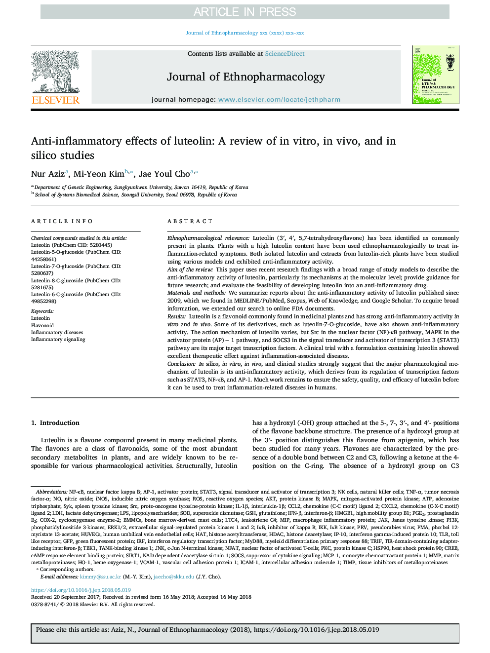 Anti-inflammatory effects of luteolin: A review of in vitro, in vivo, and in silico studies