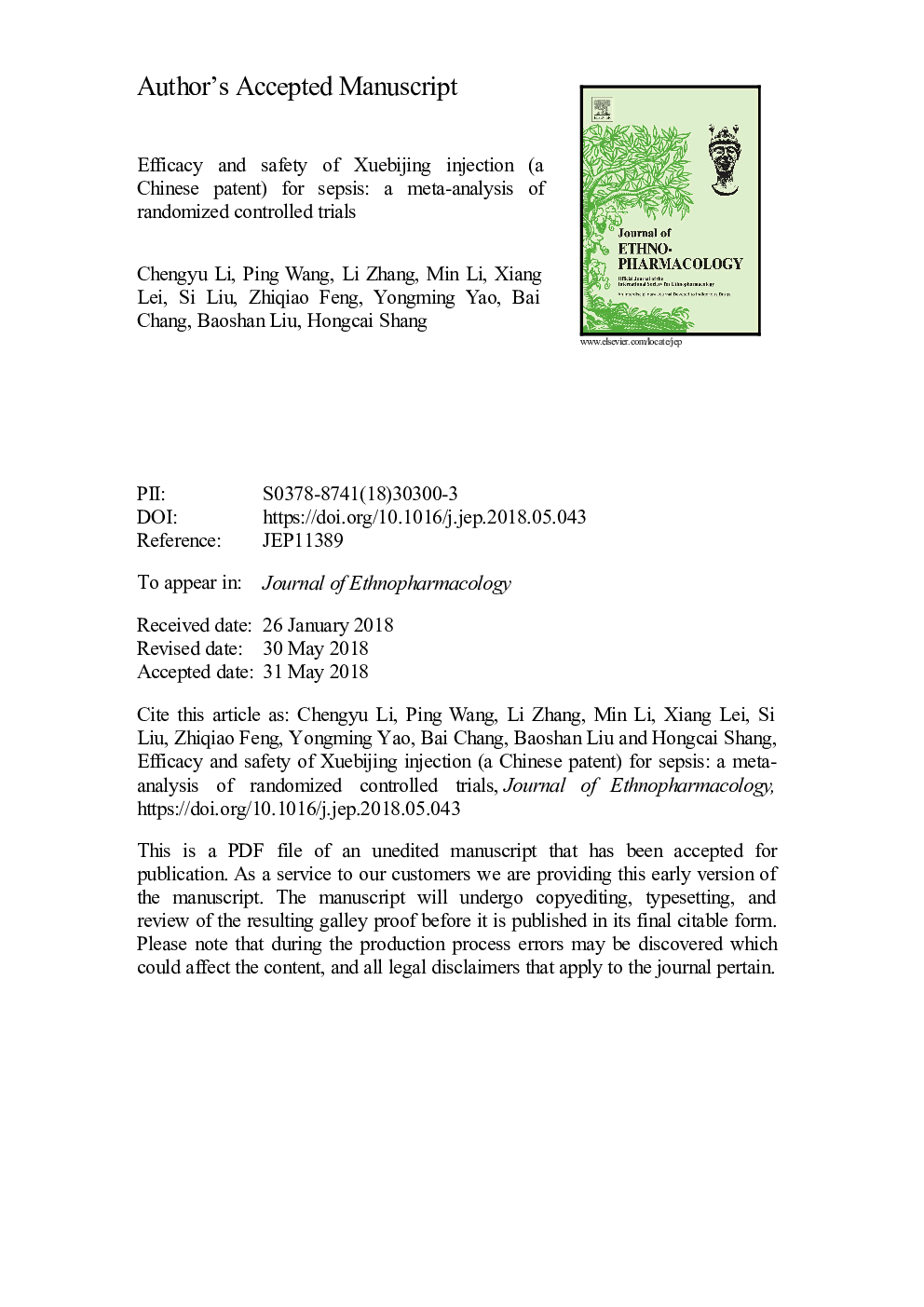 عکس صفحه اول مقاله: Efficacy and safety of Xuebijing injection (a Chinese patent) for sepsis: A meta-analysis of randomized controlled trials Efficacy and safety of Xuebijing injection (a Chinese patent) for sepsis: A meta-analysis of randomized controlled trials