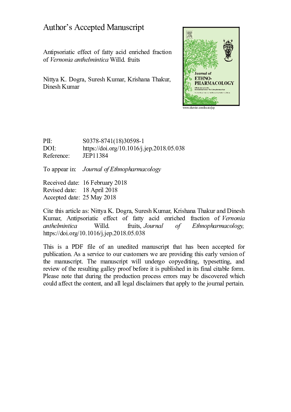 Antipsoriatic effect of fatty acid enriched fraction of Vernonia anthelmintica Willd. fruits