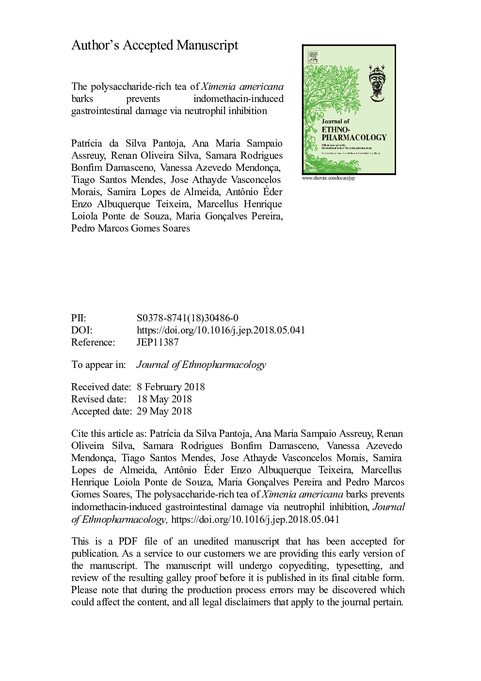 The polysaccharide-rich tea of Ximenia americana barks prevents indomethacin-induced gastrointestinal damage via neutrophil inhibition