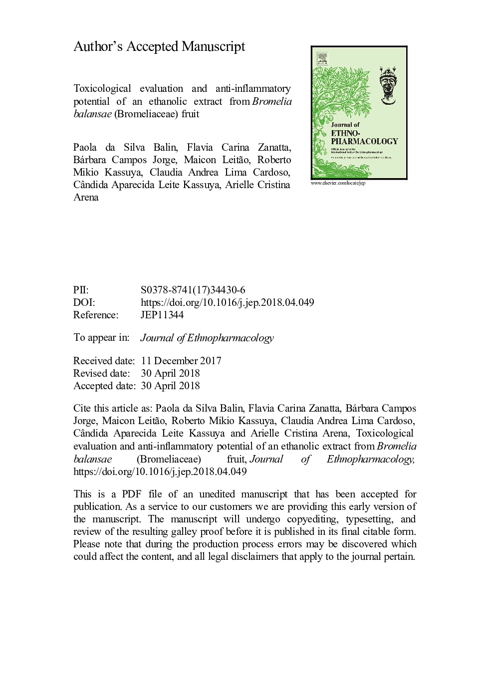 Toxicological evaluation and anti-inflammatory potential of an ethanolic extract from Bromelia balansae (Bromeliaceae) fruit