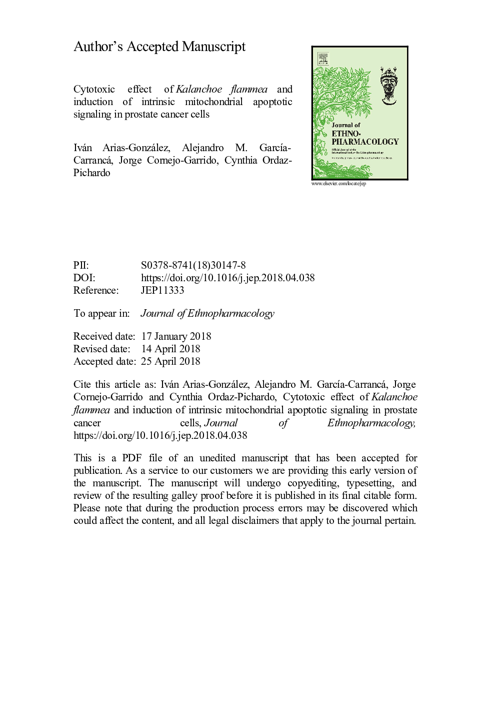 Cytotoxic effect of Kalanchoe flammea and induction of intrinsic mitochondrial apoptotic signaling in prostate cancer cells