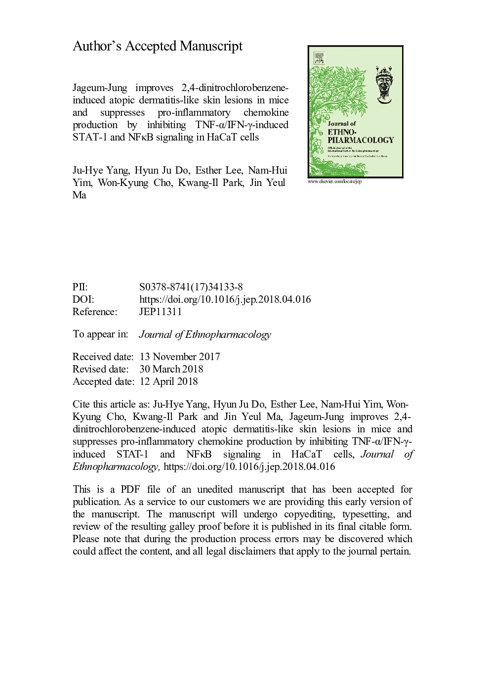 Jageum-Jung improves 2,4-dinitrochlorobenzene-induced atopic dermatitis-like skin lesions in mice and suppresses pro-inflammatory chemokine production by inhibiting TNF-Î±/IFN-Î³-induced STAT-1 and NFÎºB signaling in HaCaT cells