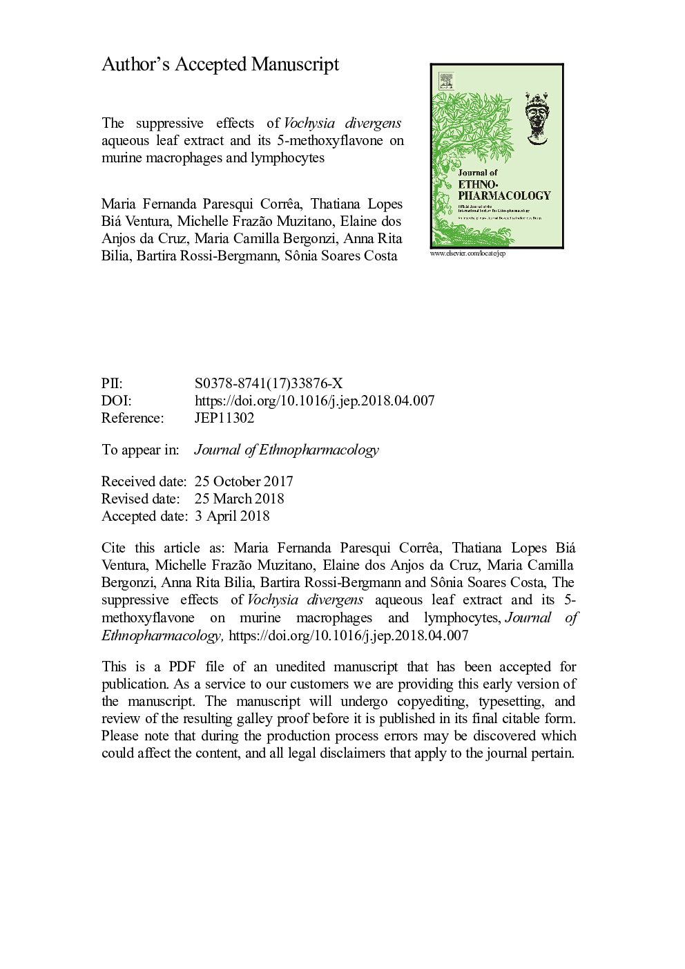 Suppressive effects of Vochysia divergens aqueous leaf extract and its 5-methoxyflavone on murine macrophages and lymphocytes