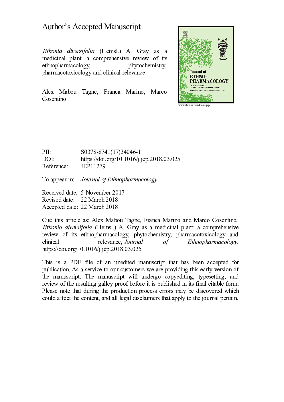عکس صفحه اول مقاله: Tithonia diversifolia (Hemsl.) A. Gray as a medicinal plant: A comprehensive review of its ethnopharmacology, phytochemistry, pharmacotoxicology and clinical relevance Tithonia diversifolia (Hemsl.) A. Gray as a medicinal plant: A comprehensive review of its ethnopharmacology, phytochemistry, pharmacotoxicology and clinical relevance