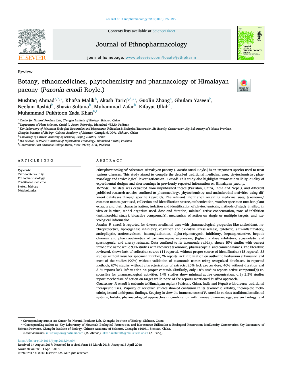 Botany, ethnomedicines, phytochemistry and pharmacology of Himalayan paeony (Paeonia emodi Royle.)