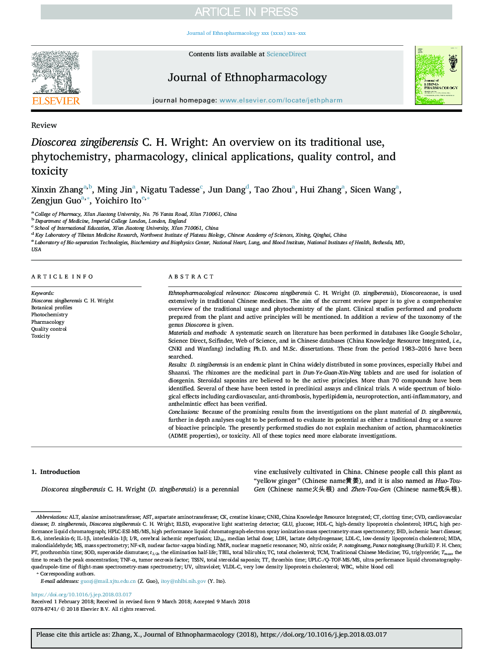 Dioscorea zingiberensis C. H. Wright: An overview on its traditional use, phytochemistry, pharmacology, clinical applications, quality control, and toxicity