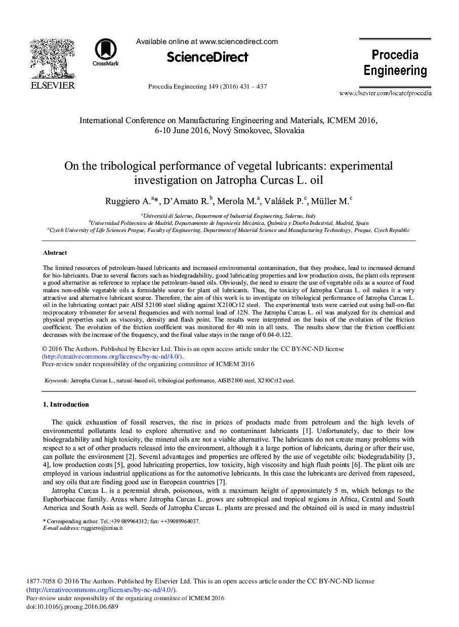 On the Tribological Performance of Vegetal Lubricants: Experimental Investigation on Jatropha Curcas L. oil 