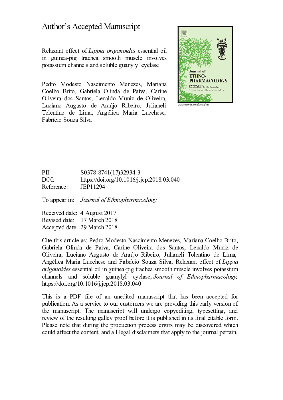 عکس صفحه اول مقاله: Relaxant effect of Lippia origanoides essential oil in guinea-pig trachea smooth muscle involves potassium channels and soluble guanylyl cyclase Relaxant effect of Lippia origanoides essential oil in guinea-pig trachea smooth muscle involves potassium channels and soluble guanylyl cyclase