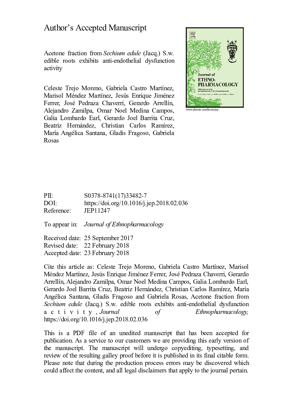 Acetone fraction from Sechium edule (Jacq.) S.w. edible roots exhibits anti-endothelial dysfunction activity