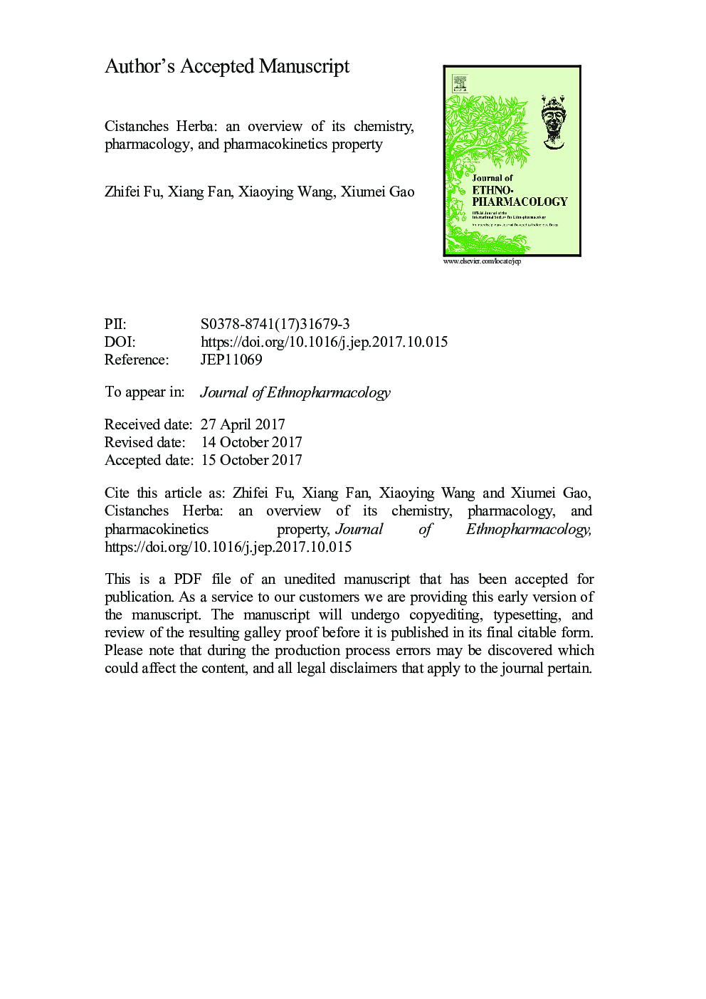 Cistanches Herba: An overview of its chemistry, pharmacology, and pharmacokinetics property