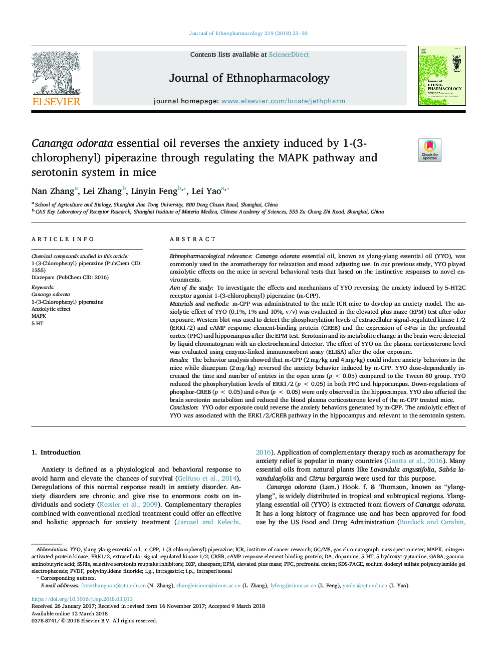 Cananga odorata essential oil reverses the anxiety induced by 1-(3-chlorophenyl) piperazine through regulating the MAPK pathway and serotonin system in mice