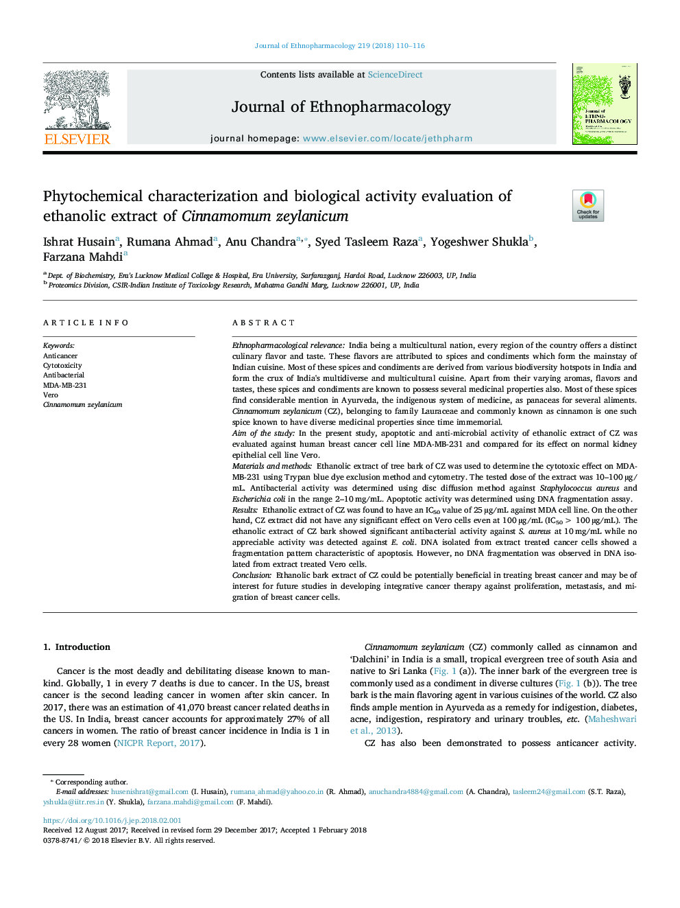 Phytochemical characterization and biological activity evaluation of ethanolic extract of Cinnamomum zeylanicum