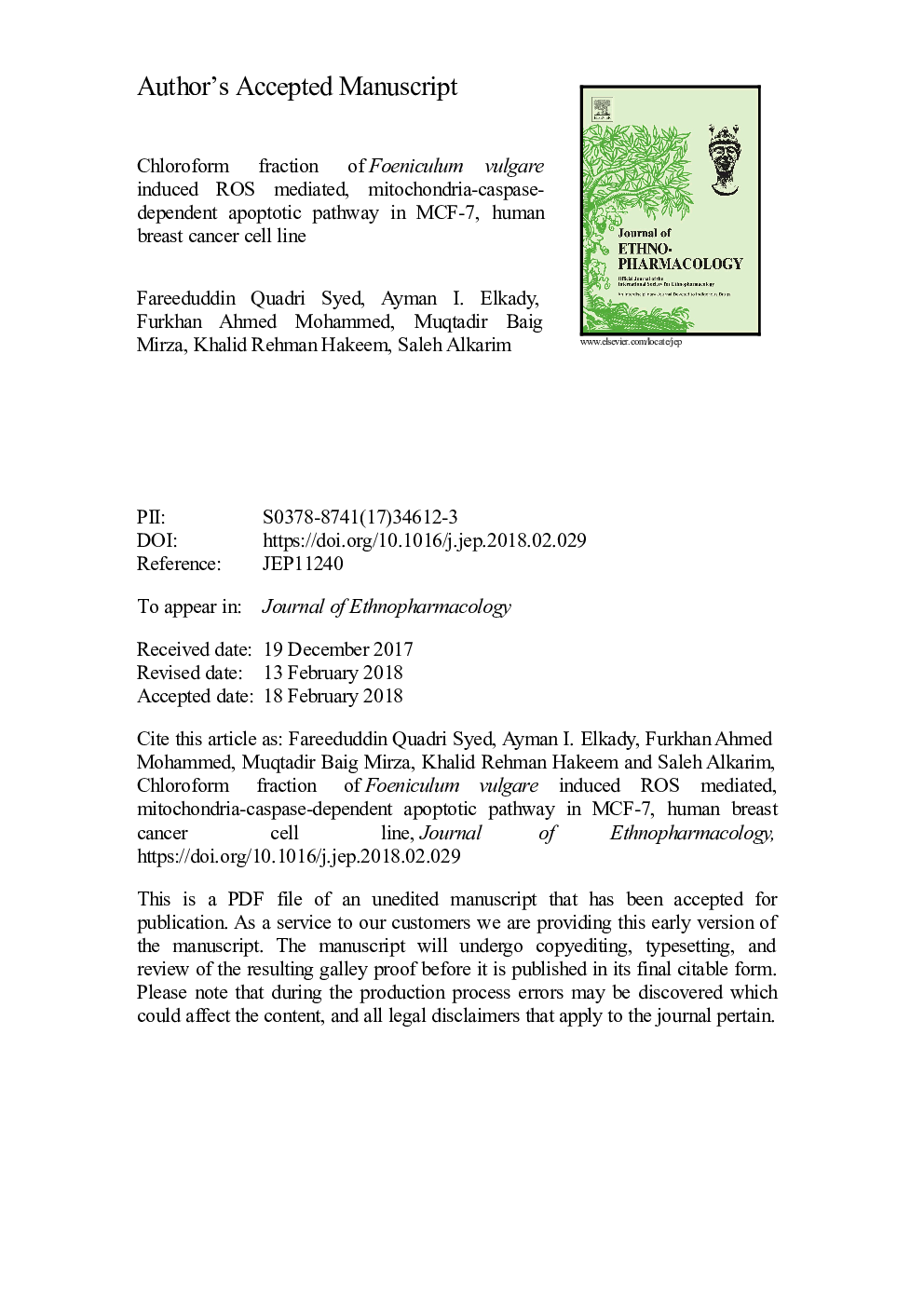 Chloroform fraction of Foeniculum vulgare induced ROS mediated, mitochondria-caspase-dependent apoptotic pathway in MCF-7, human breast cancer cell line