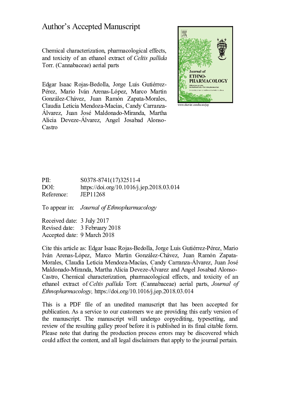 Chemical characterization, pharmacological effects, and toxicity of an ethanol extract of Celtis pallida Torr. (Cannabaceae) aerial parts