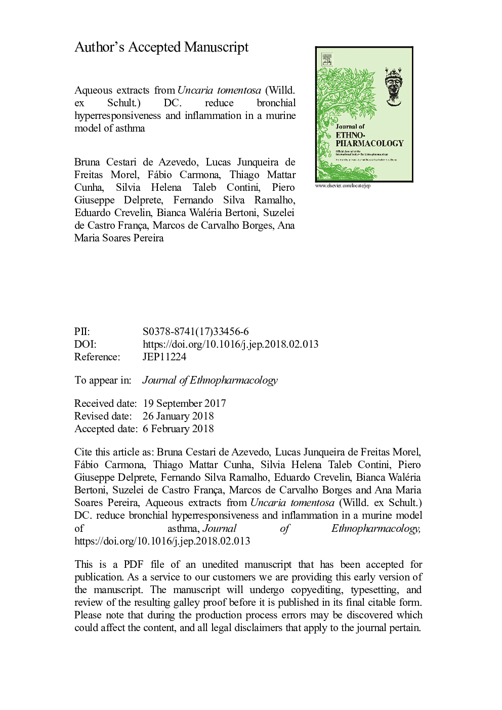 Aqueous extracts from Uncaria tomentosa (Willd. ex Schult.) DC. reduce bronchial hyperresponsiveness and inflammation in a murine model of asthma