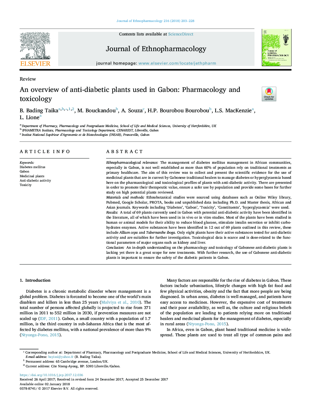 An overview of anti-diabetic plants used in Gabon: Pharmacology and toxicology