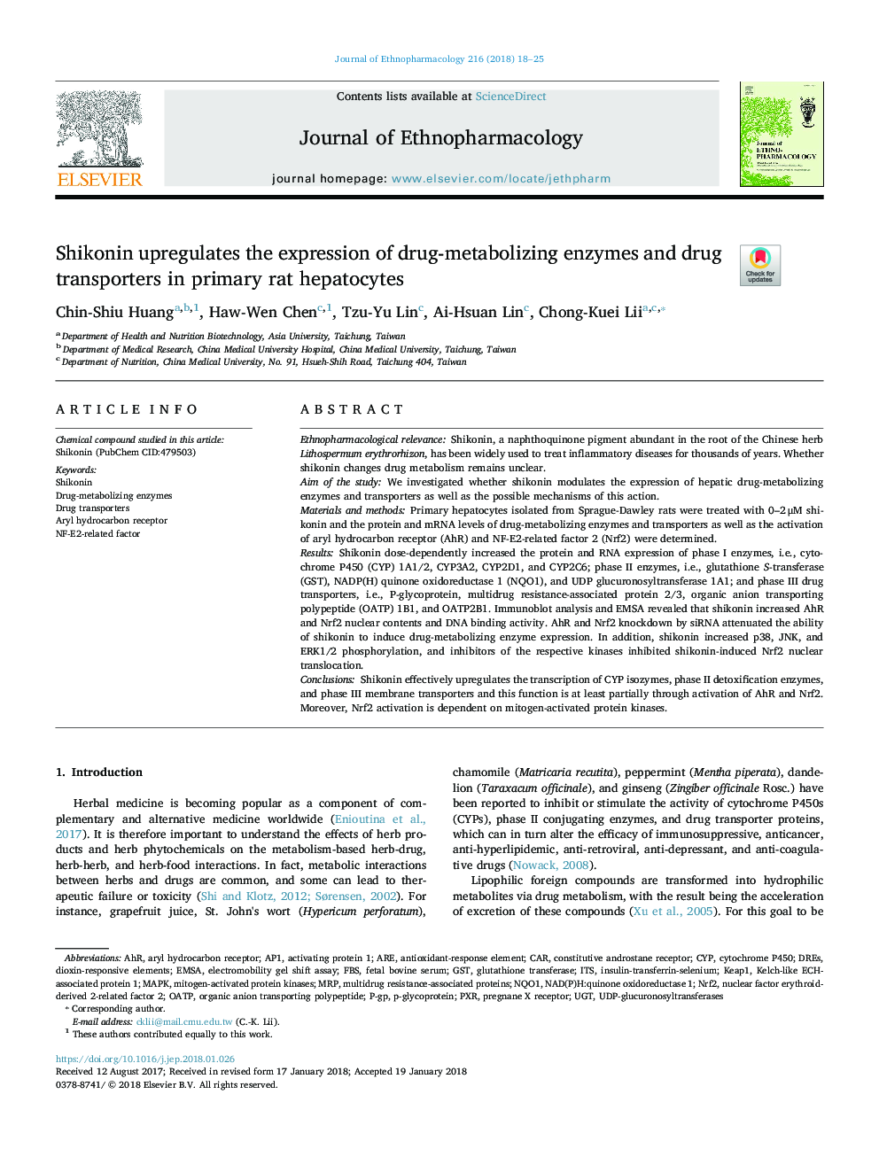 Shikonin upregulates the expression of drug-metabolizing enzymes and drug transporters in primary rat hepatocytes