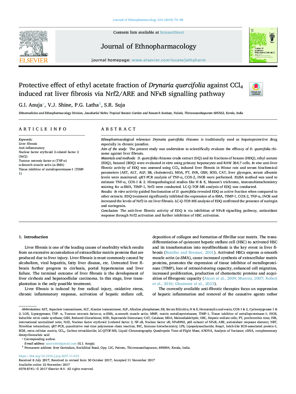 Protective effect of ethyl acetate fraction of Drynaria quercifolia against CCl4 induced rat liver fibrosis via Nrf2/ARE and NFÎºB signalling pathway