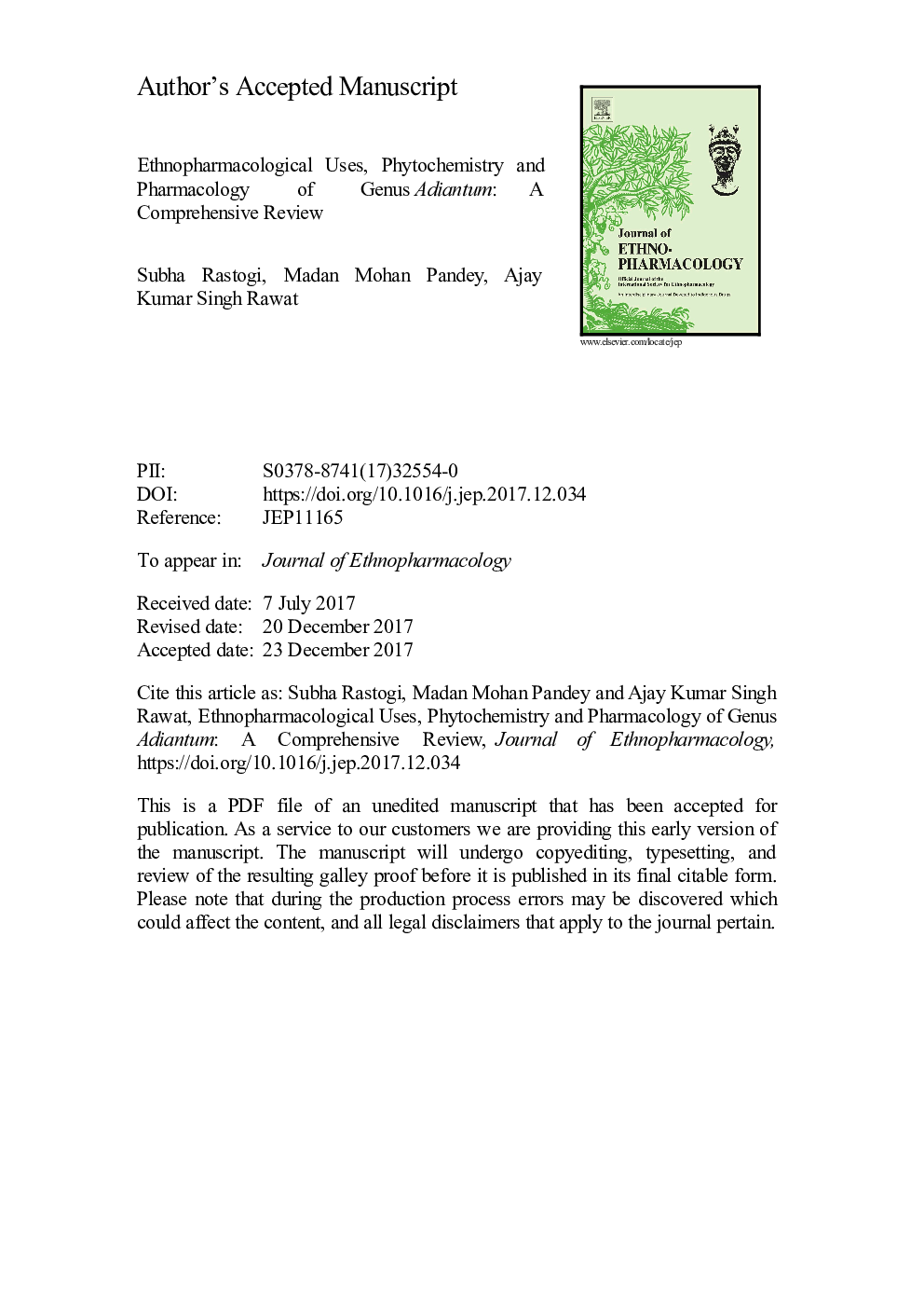 عکس صفحه اول مقاله: Ethnopharmacological uses, phytochemistry and pharmacology of genus Adiantum: A comprehensive review Ethnopharmacological uses, phytochemistry and pharmacology of genus Adiantum: A comprehensive review