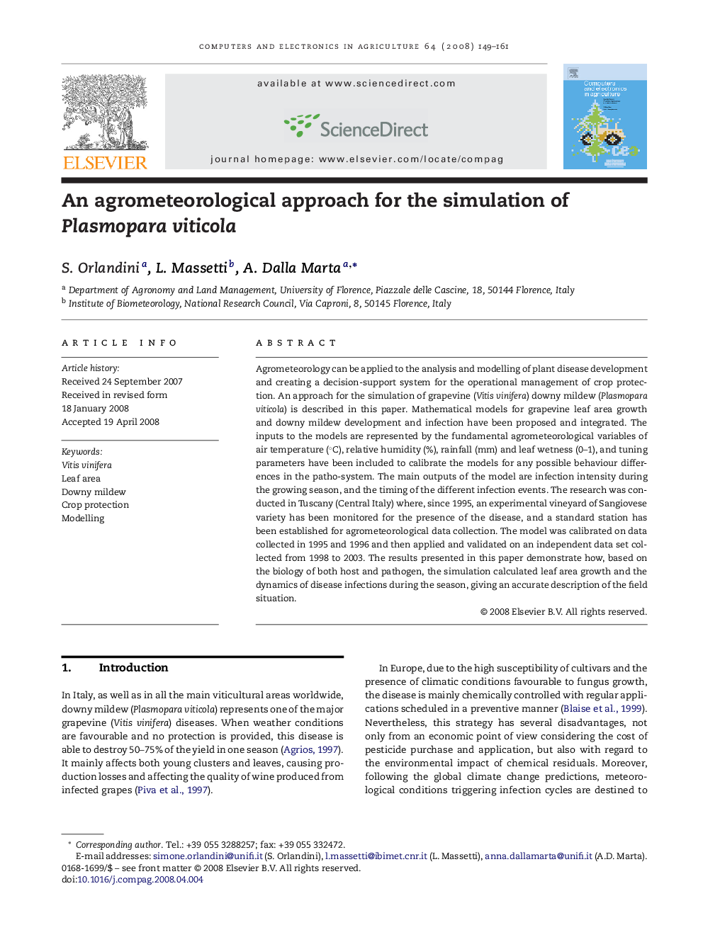 An agrometeorological approach for the simulation of Plasmopara viticola