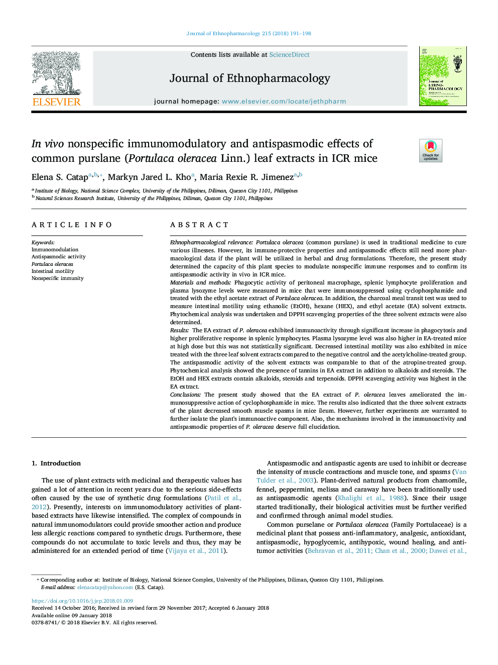 In vivo nonspecific immunomodulatory and antispasmodic effects of common purslane (Portulaca oleracea Linn.) leaf extracts in ICR mice