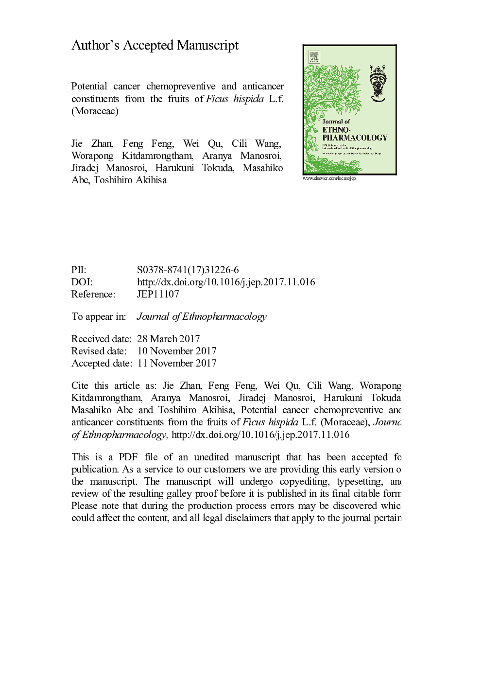 Potential cancer chemopreventive and anticancer constituents from the fruits of Ficus hispida L.f. (Moraceae)