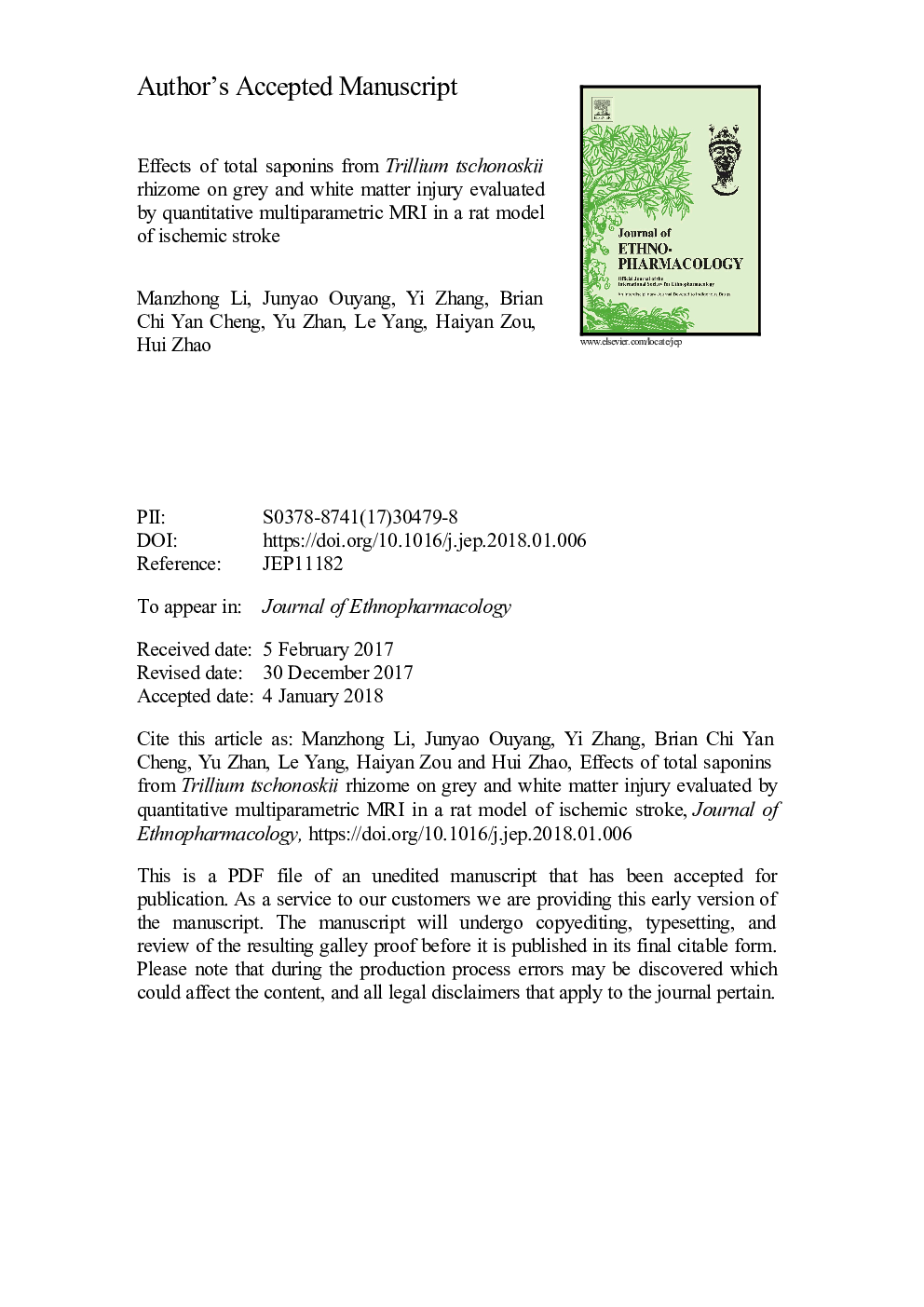 Effects of total saponins from Trillium tschonoskii rhizome on grey and white matter injury evaluated by quantitative multiparametric MRI in a rat model of ischemic stroke