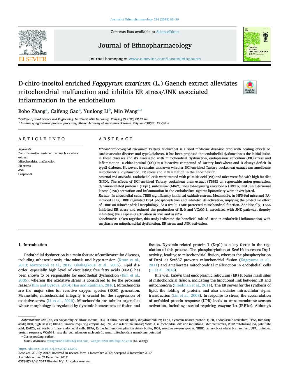 D-chiro-inositol enriched Fagopyrum tataricum (L.) Gaench extract alleviates mitochondrial malfunction and inhibits ER stress/JNK associated inflammation in the endothelium