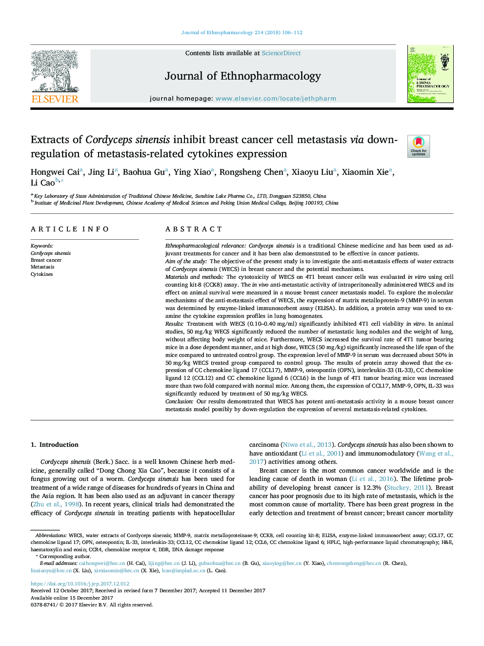 Extracts of Cordyceps sinensis inhibit breast cancer cell metastasis via down-regulation of metastasis-related cytokines expression