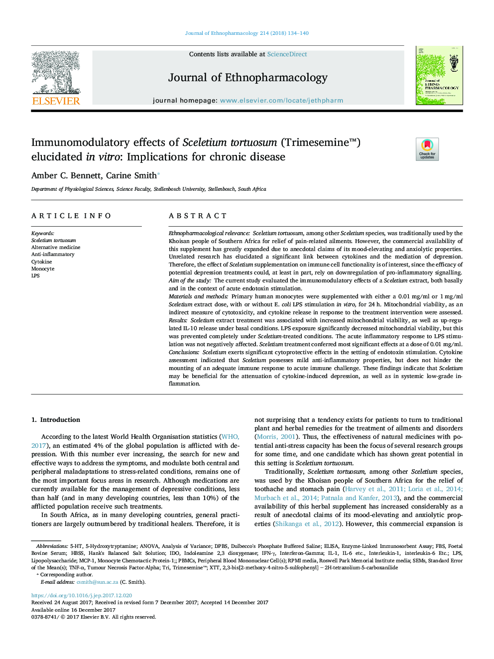 Immunomodulatory effects of Sceletium tortuosum (Trimesemineâ¢) elucidated in vitro: Implications for chronic disease