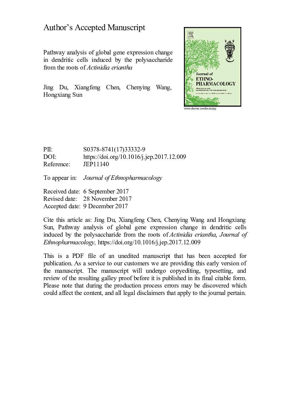 Pathway analysis of global gene expression change in dendritic cells induced by the polysaccharide from the roots of Actinidia eriantha