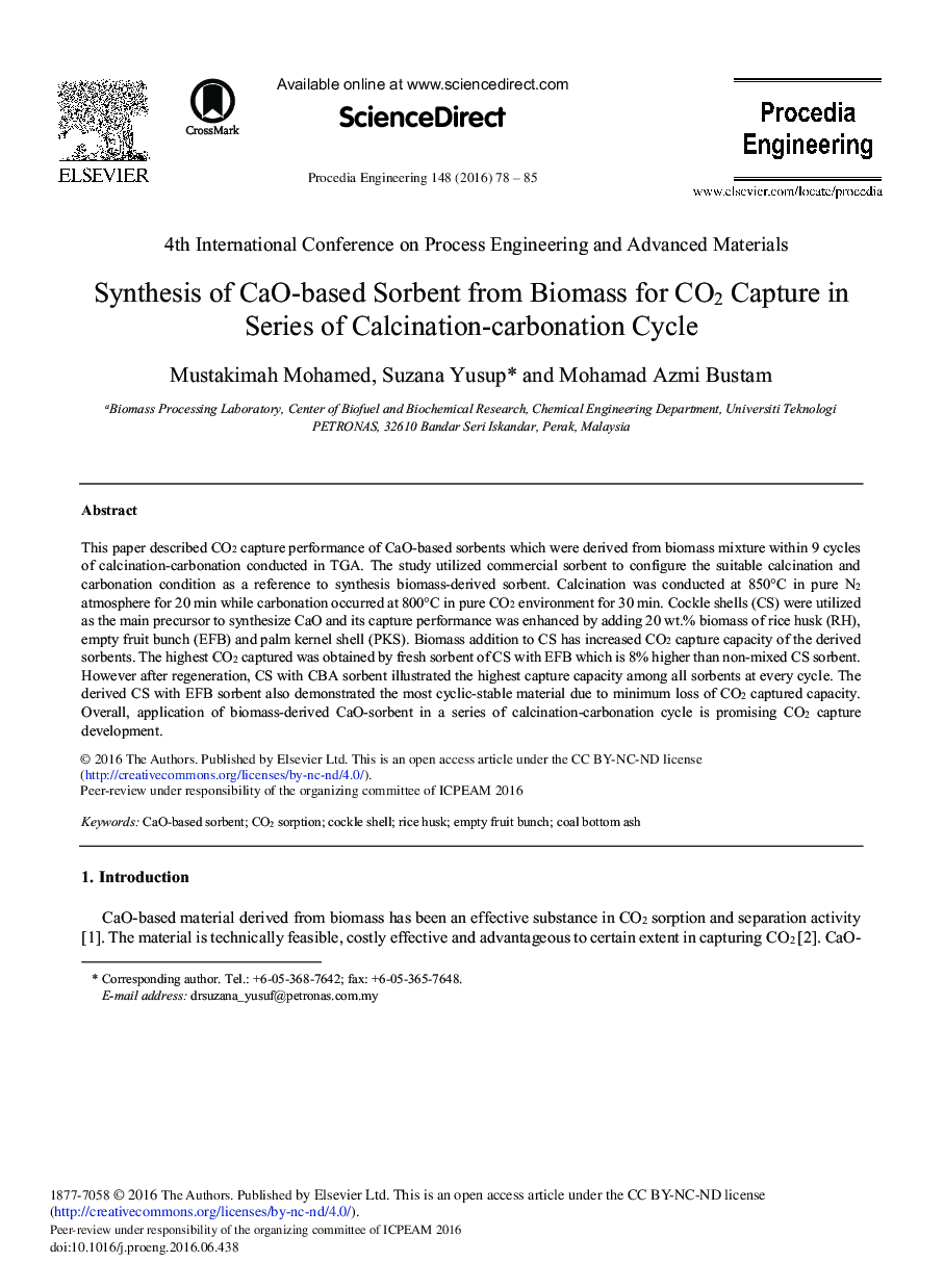 Synthesis of CaO-based Sorbent from Biomass for CO2 Capture in Series of Calcination-carbonation Cycle 