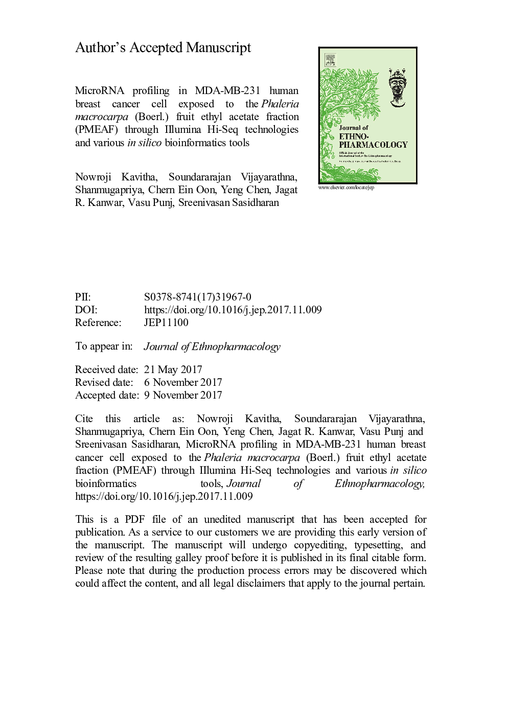 MicroRNA profiling in MDA-MB-231 human breast cancer cell exposed to the Phaleria macrocarpa (Boerl.) fruit ethyl acetate fraction (PMEAF) through IIlumina Hi-Seq technologies and various in silico bioinformatics tools