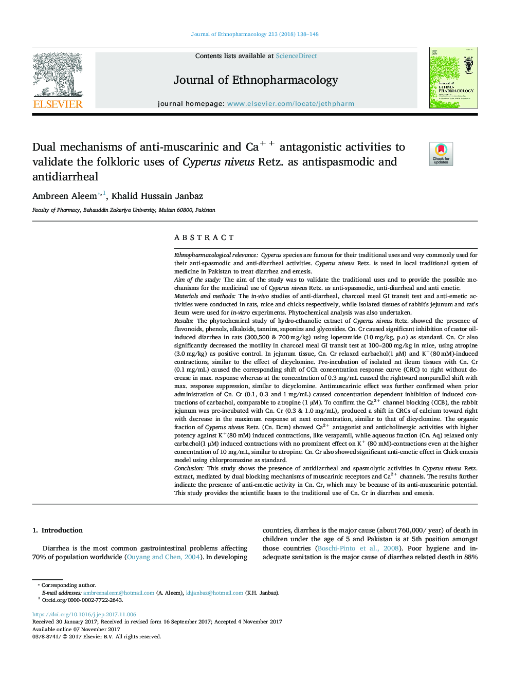 Dual mechanisms of anti-muscarinic and Ca++ antagonistic activities to validate the folkloric uses of Cyperus niveus Retz. as antispasmodic and antidiarrheal